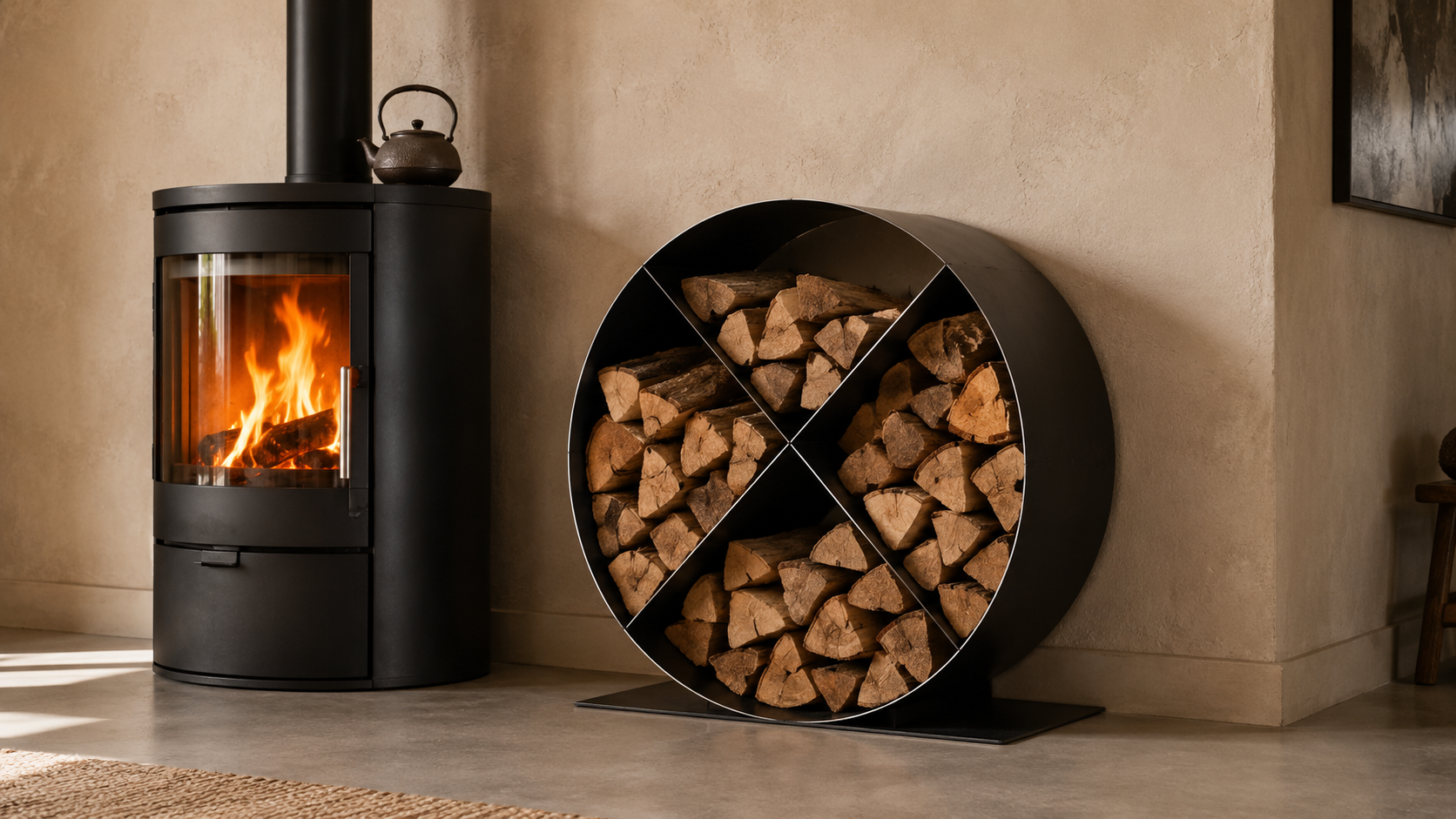 Brennholzregal Flori, Warm-gewalzt – im Wohnraum