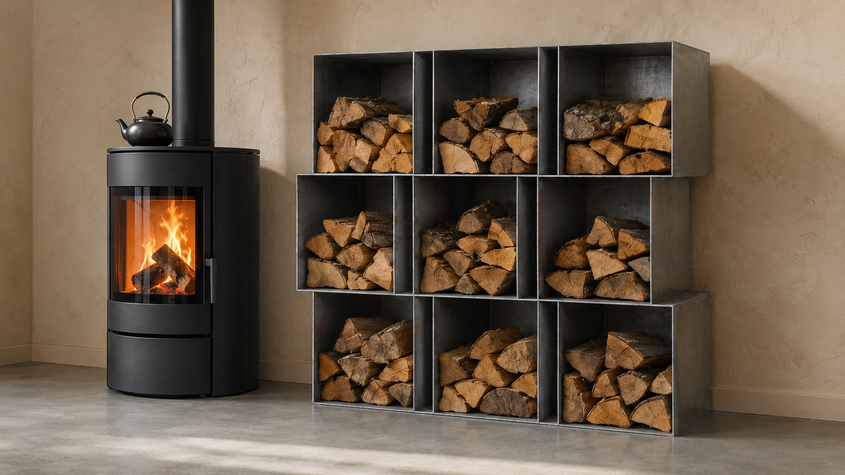 Brennholzregal Jone, Warm-gewalzt – im Wohnraum