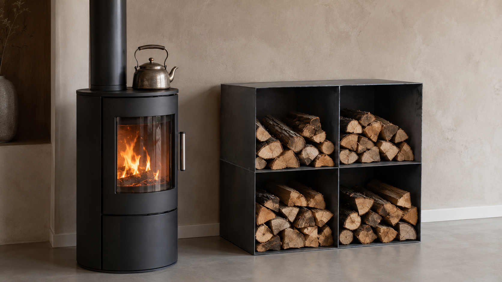 Brennholzregal Mane, Warm-gewalzt – im Wohnraum