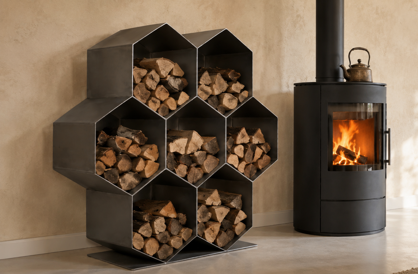 Brennholzregal Phil, Warm-gewalzt – im Wohnraum